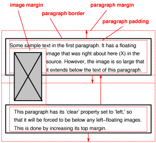 Image showing a floating image and the effect of 'clear:
     left' on the two paragraphs.