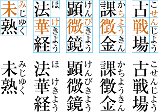 熟語ルビの配置例4（前の親文字にルビ文字を掛けた例）