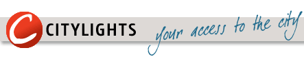 Red dot with a white letter 'C' that symbolizes a moon crescent as well as the sun. This logo is followed by a black banner that says 'CITYLIGHTS' which is the name of this online portal. Finally, the slogan of the portal, 'your access to the city', follows in a turquoise green handwriting style and with a slight slant across the top banner.